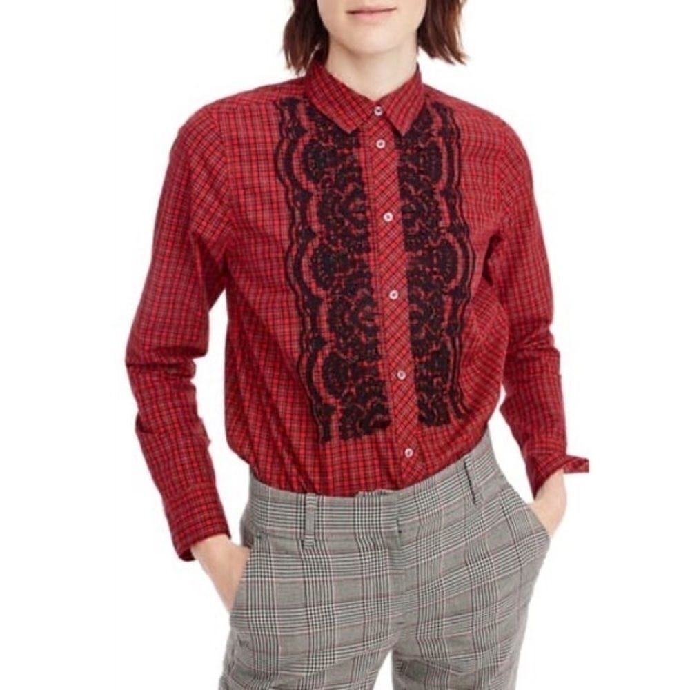 J. Crew Red Embellished Plaid Boy Shirt